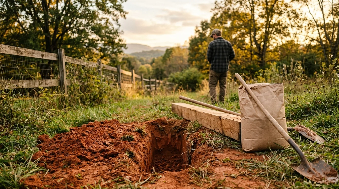Freshly dug fence post hole in red East Tennessee clay soil with concrete mix and a cedar post ready