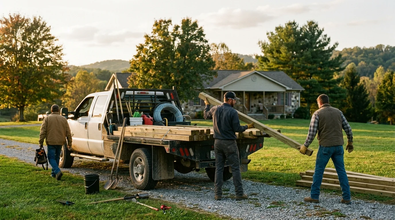 Knoxville fence installation crew unloading posts and tools from a work truck at a residential job site