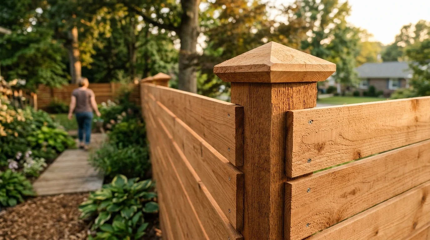 Close-up of a well-built cedar privacy fence corner post and post cap showing quality craftsmanship