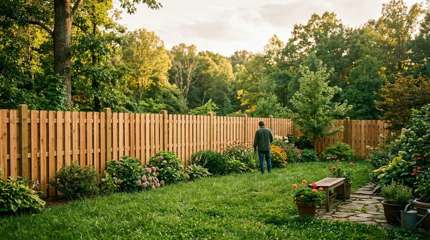 Newly installed cedar wood privacy fence along a Knoxville, TN backyard at golden hour