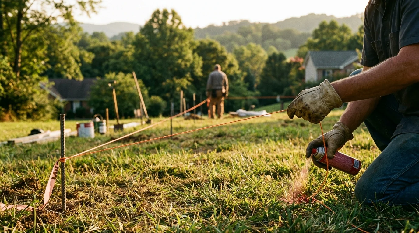 Fence contractor marking post spacing with a string line across a Knoxville backyard before installation